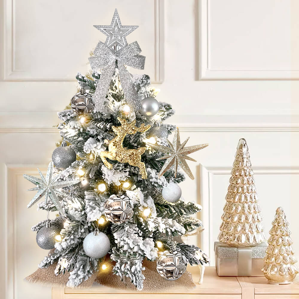 2ft Mini Christmas Tree With Light Artificial Small Tabletop Christmas Decoration With Flocked Snow, Exquisite Decor & Xmas Ornaments For Table Top For Home & Office