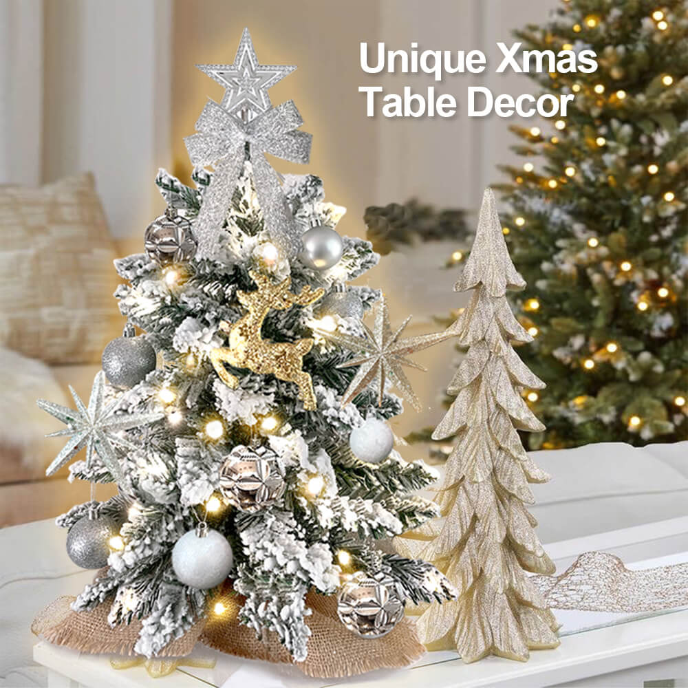 2ft Mini Christmas Tree With Light Artificial Small Tabletop Christmas Decoration With Flocked Snow, Exquisite Decor & Xmas Ornaments For Table Top For Home & Office