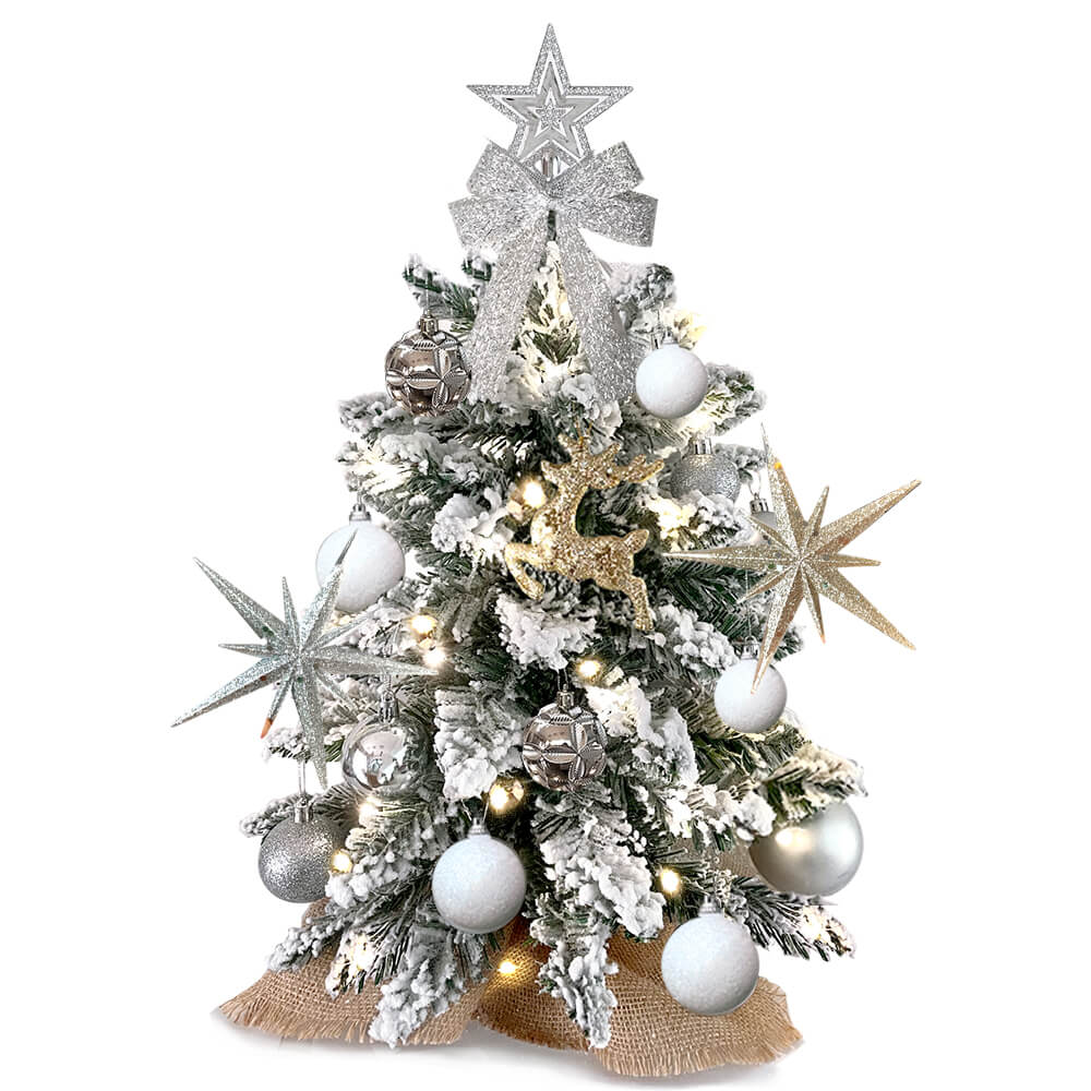 2ft Mini Christmas Tree With Light Artificial Small Tabletop Christmas Decoration With Flocked Snow, Exquisite Decor & Xmas Ornaments For Table Top For Home & Office